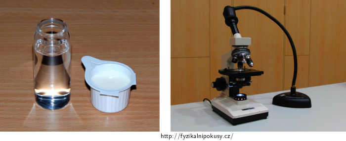 Obr. 2: Vlevo nádobka s vodou a smetana do kávy, vpravo kamera přiložená k okuláru mikroskopu tak, jak byla použita ve vzorovém experimentu
